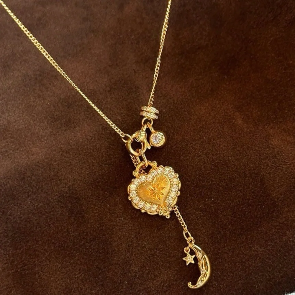Gold Heart and Moon Pendant Necklace